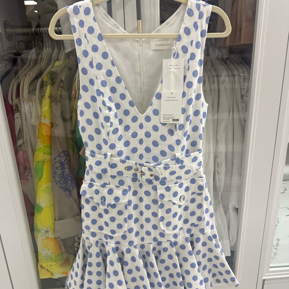 Zimmermann Super Eight Flate White and Blue Polka Dot Mini Dress